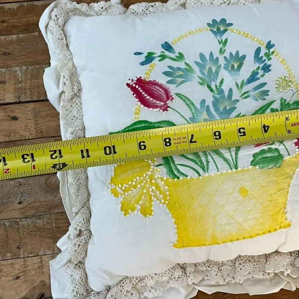 Vintage Floral Ruffled Lace Throw Pillow 11 x 11 Flowers In Basket Embroidery